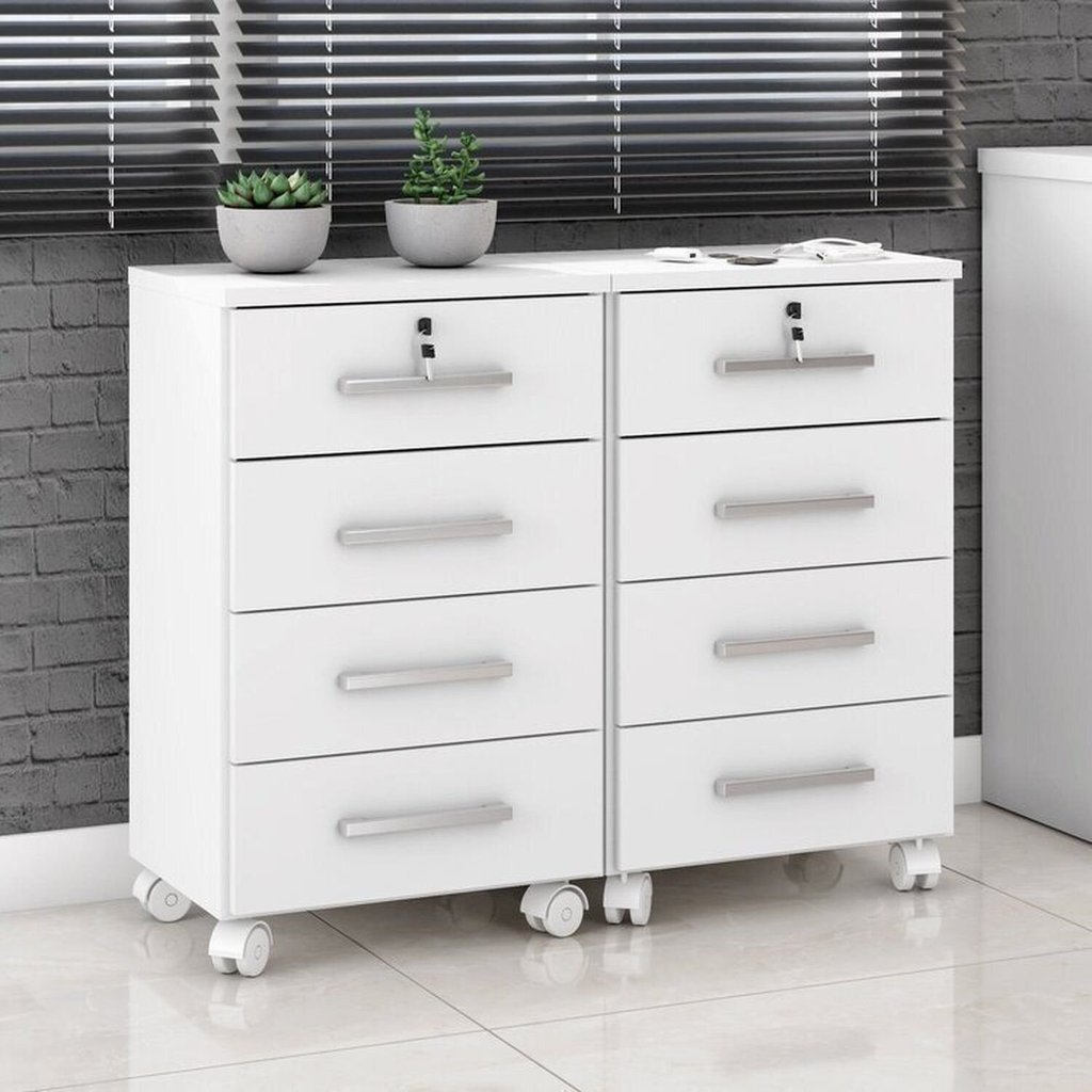 Conjunto 2 Gaveteiros para Escritório 4 Gavetas com Rodízios e Chave Gávea Branco Branco