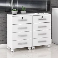Conjunto 2 Gaveteiros para Escritório 4 Gavetas com Rodízios e Chave Gávea Branco Branco
