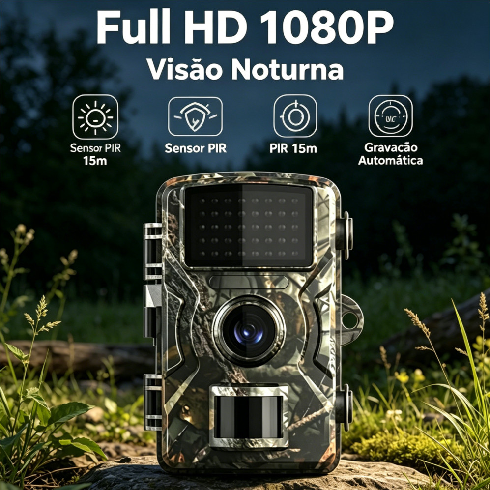 Câmera de Caça 16MP 1080P, Visão Noturna 940nm, Sensor PIR 15m, Prova D'água e Camuflagem