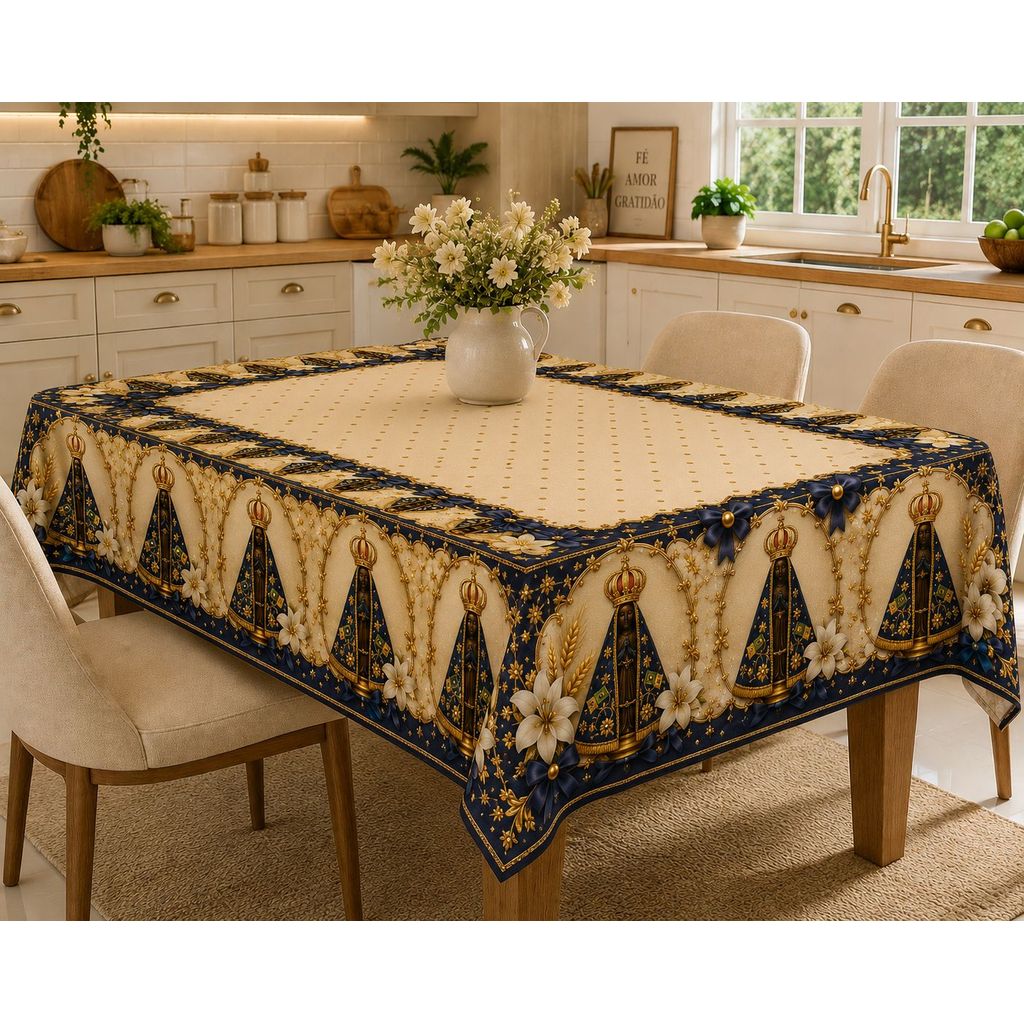 Toalha de Mesa Decorativa Festa Tecido Retangular catolica Religiosas Jesus e Nossa senhora 1,40x2,20