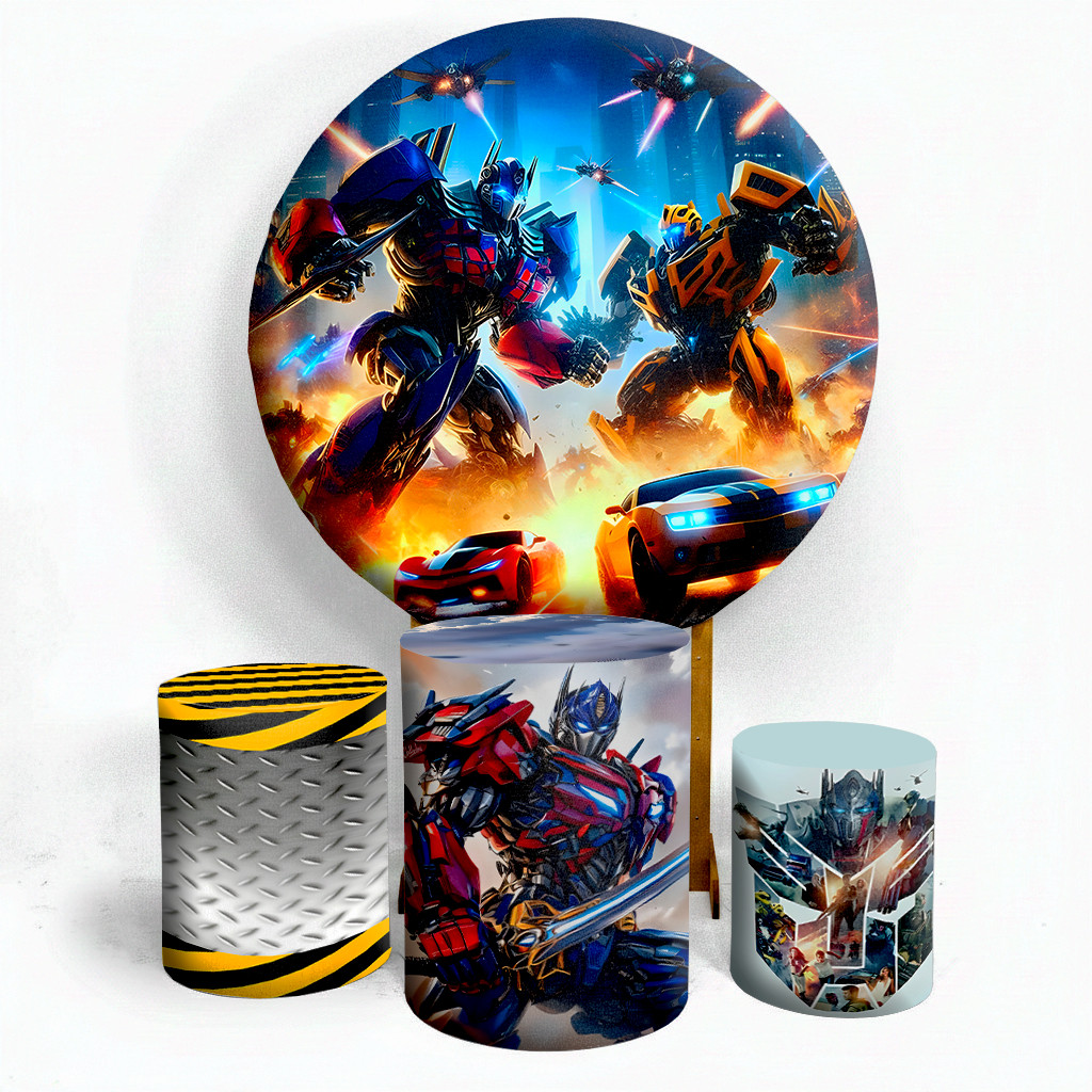 Painel de Festa Transformers Aniversário Kit Capas Painel Redondo + Trio Capa Cilindros Promoção | Entrega Rapida