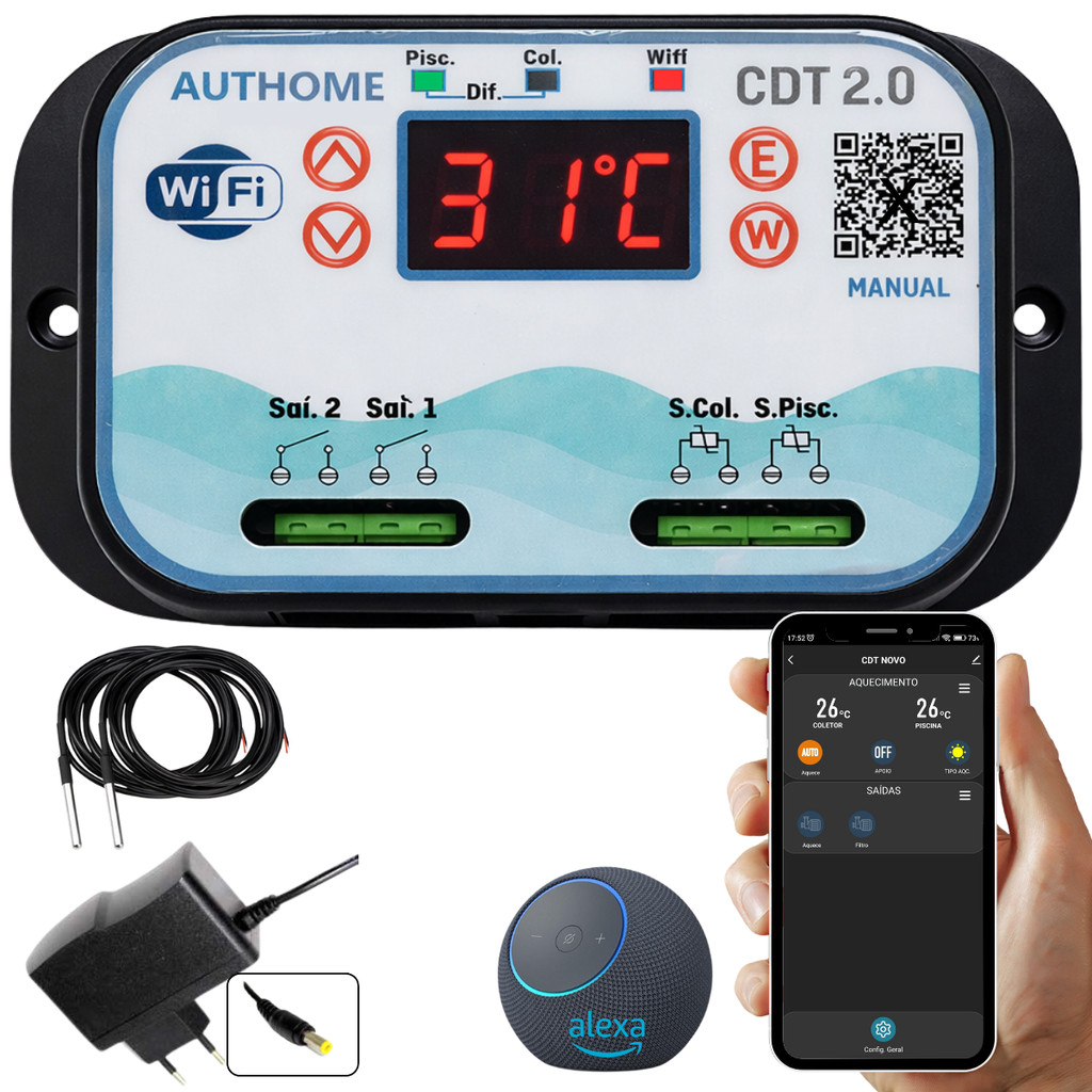 Controlador Temperatura Wifi Piscina Hidro Cascata Termostato AUTHOME CDT2.0 Inteligente Alexa Tuya