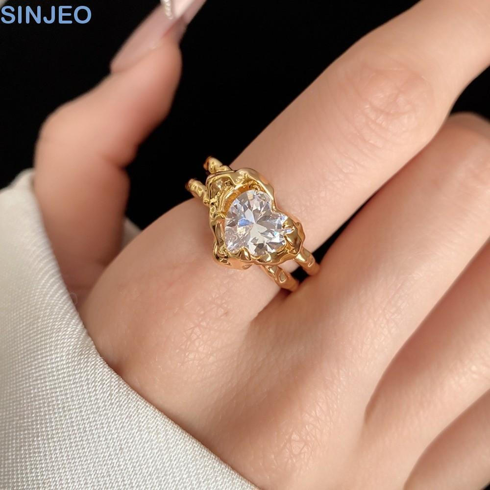 Anel Plissado Em Forma De Coração SINJEO , De Amor De Cristal Vintage Com Abertura De Strass Dedo De Zircônia