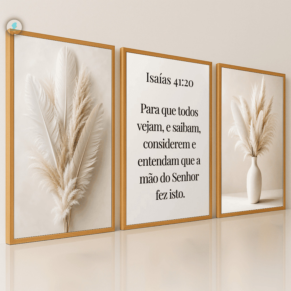 Quadros Decorativos Trio Vasos de Ramos Bíblico Isaias 41:20 Moderno Sala Quarto