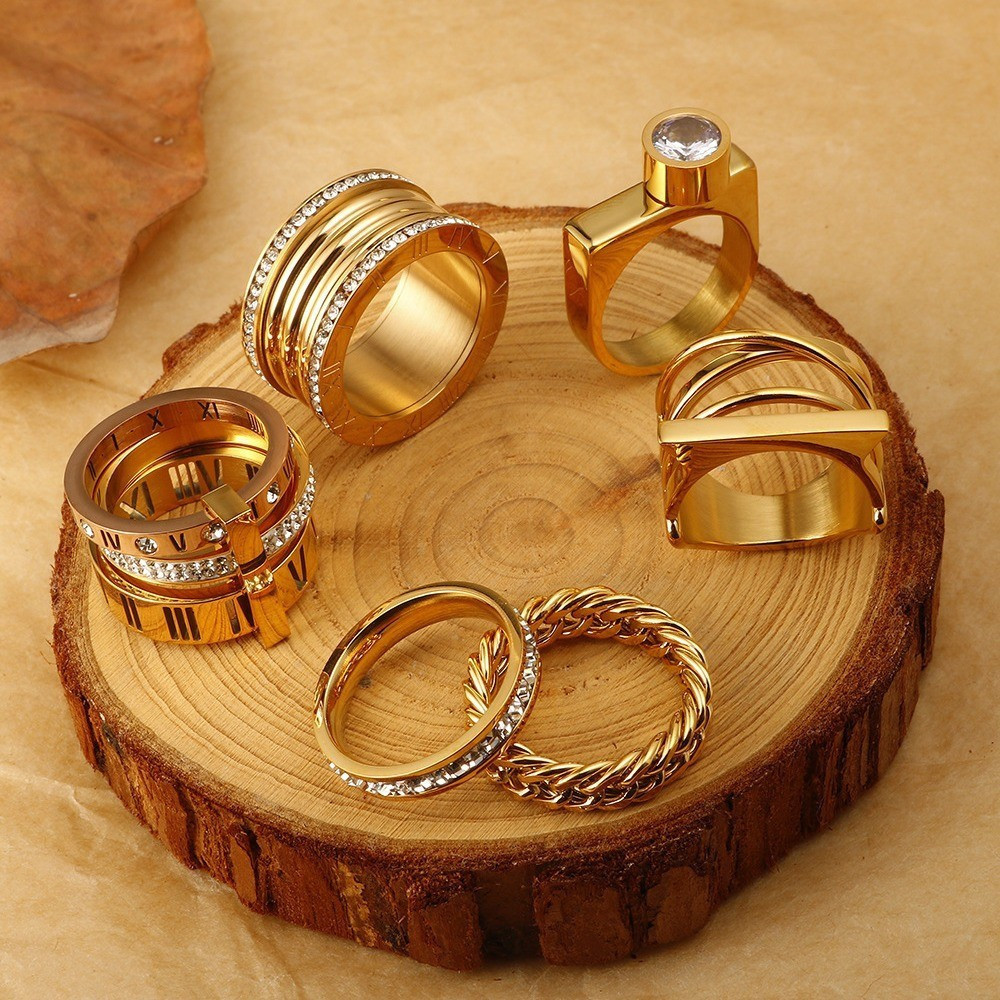 Anel Aberto de Luxo Banhado a Ouro 18K com Diamantes, Anel de Aço Inoxidável de Alta Qualidade para Mulheres, Estilo DOX
