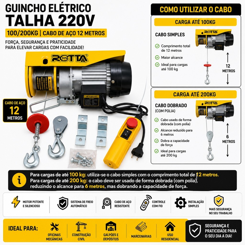 Guincho Coluna Talha Elétrico 100/200 Kg Elevação 12m 220v Oficina Obra Jardinagem Industria