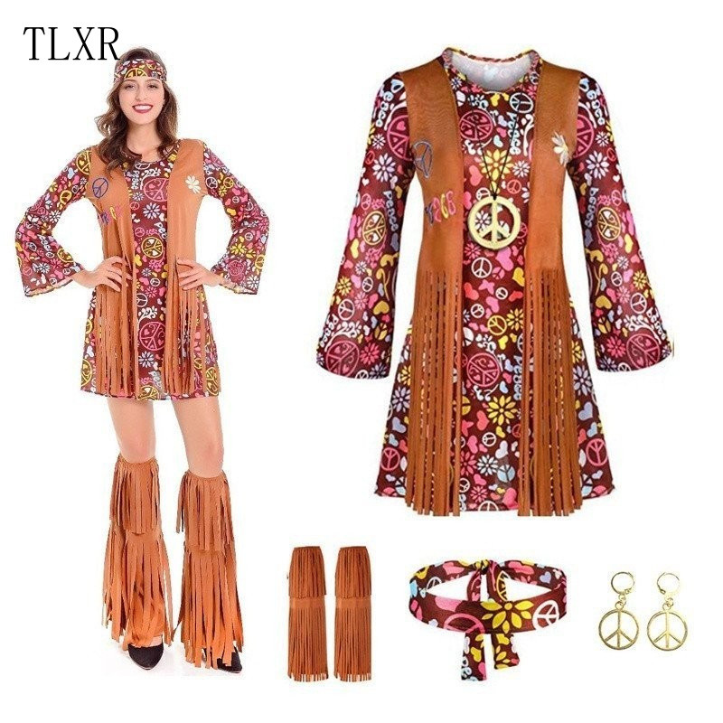 Fantasia de Hippie Indiana dos Anos 70 para Mulheres, Colar com Símbolo da Paz, Suéter, Faixa de Cabelo para Vestido DW