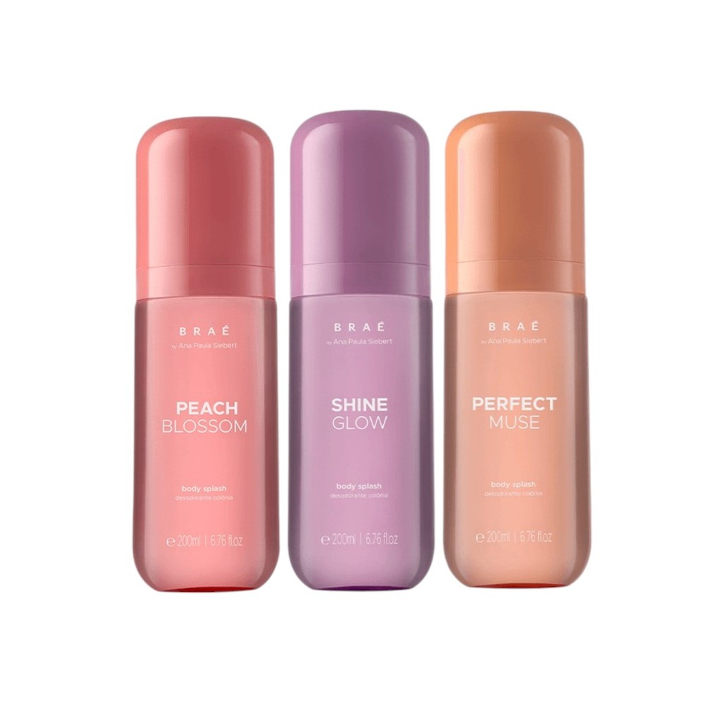 Body Splash Colonia de Desodorante Peach Blossom, Shine Glow e Perfect Muse