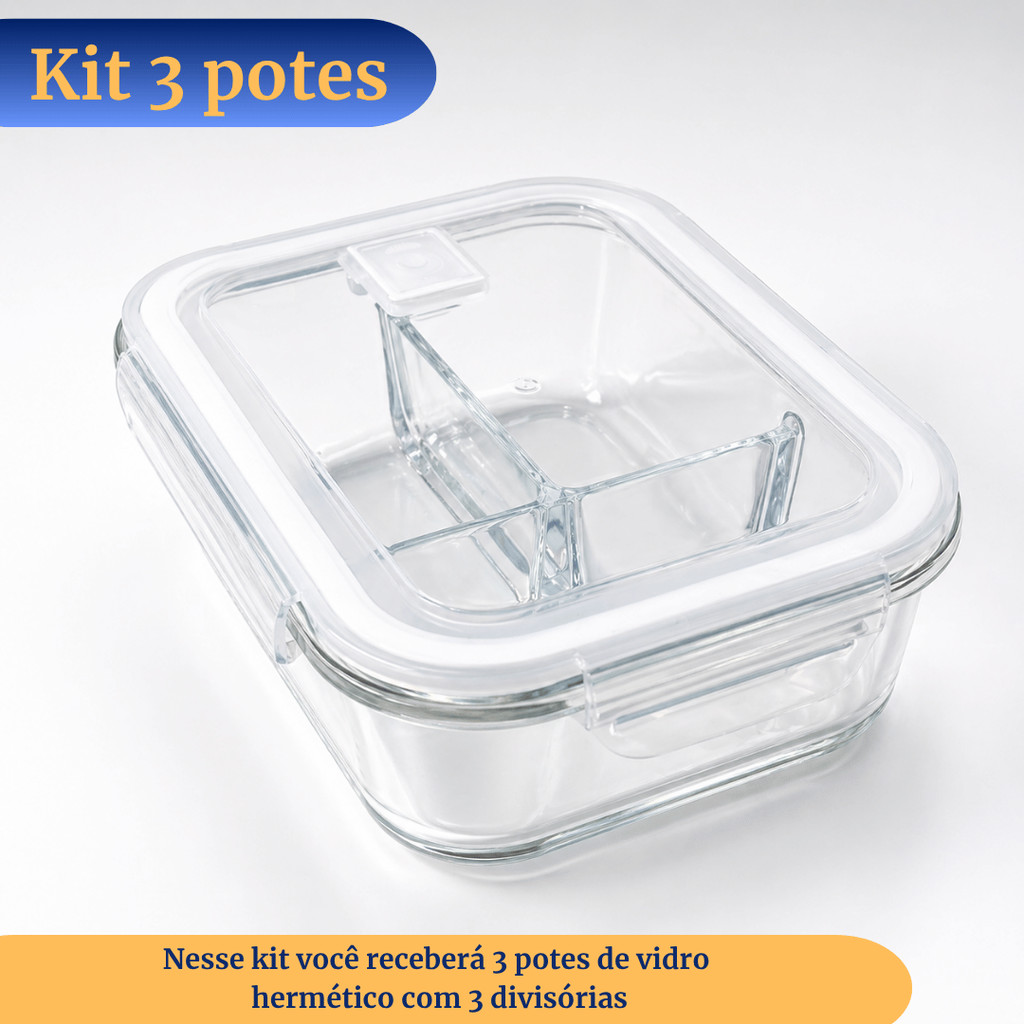 Kit 3 Pote Hermético Vidro Divisória Marmita Fitnes 1000ml