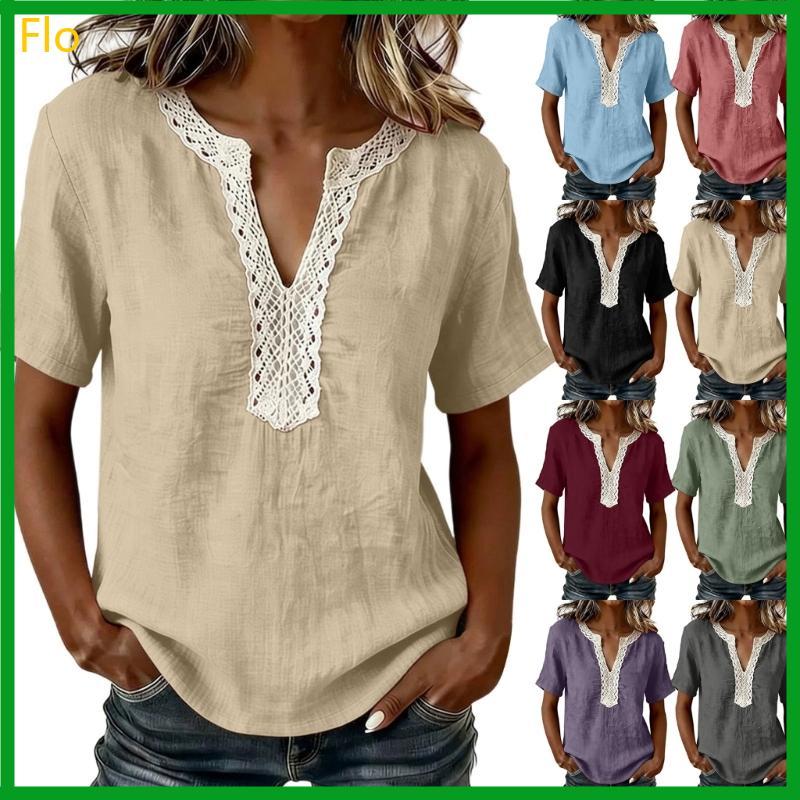 Camisas Linho Flo Para Acabamento Renda E Decote V Blusa Curta Casual Blusas Soltas Gaze