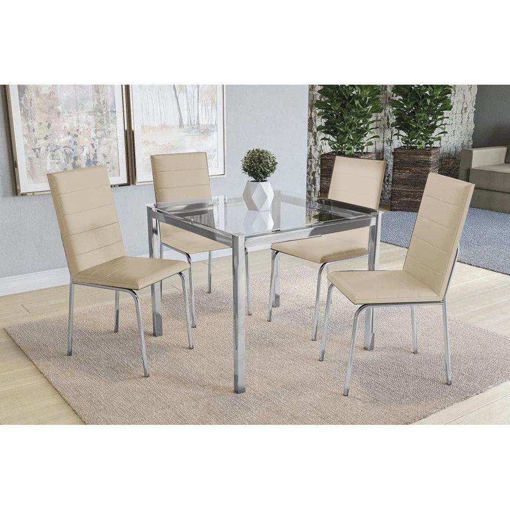 Conjunto: Mesa Sala Jantar Reno c/ Tampo de Vidro 90cm + 4 Cadeiras Amsterdã Cromado/Courano Nude - Kappesberg em Oferta na Shopee
