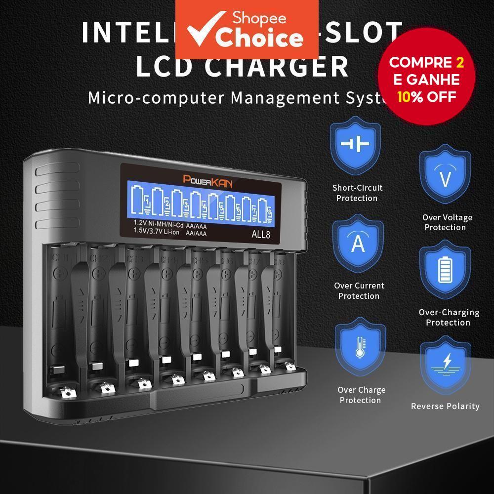 Novo carregador POWERKAN ALL8, com 8 slots e LCD de alta velocidade, adequado para pilhas recarregáveis AA/AAA de 1,2V