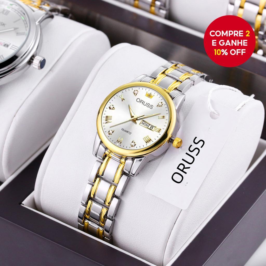 Relógio Analógico de Luxo À Prova D'água Oruss para Mulheres/homens com Duplo Calendário em Aço Inoxidável Prata/Dourado em Oferta na Shopee