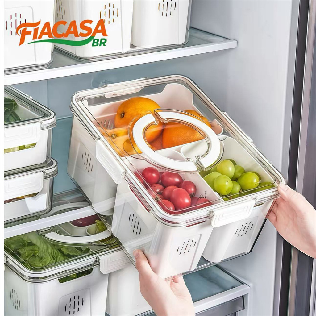 Caixa Organizadora de Alimentos Transparente Geladeira Empilhável Multiuso com Divisórias em Oferta na Shopee