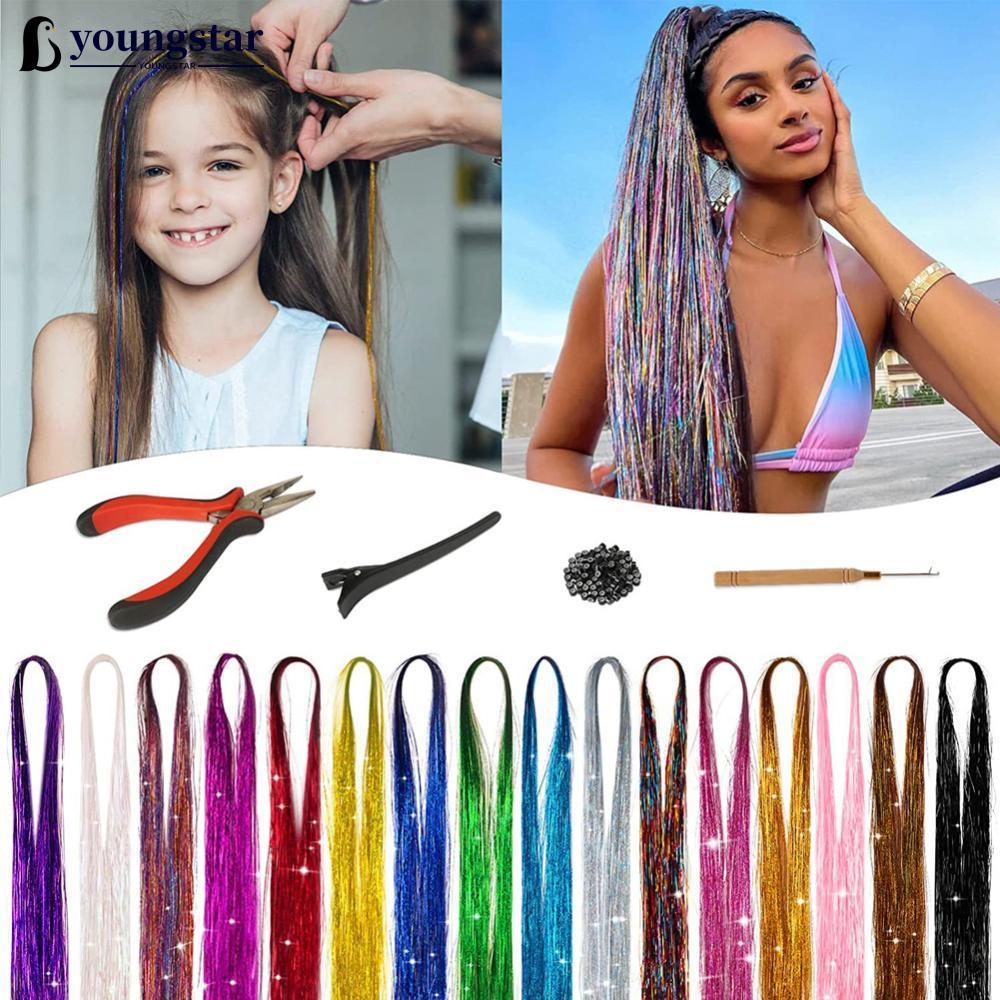 YOUNGSTAR Mulheres Tinsel Kit Glitter Perucas Um Clip-in Extensão De Cabelo Laser Fio Cor Destaque Tingido Sem Costura P