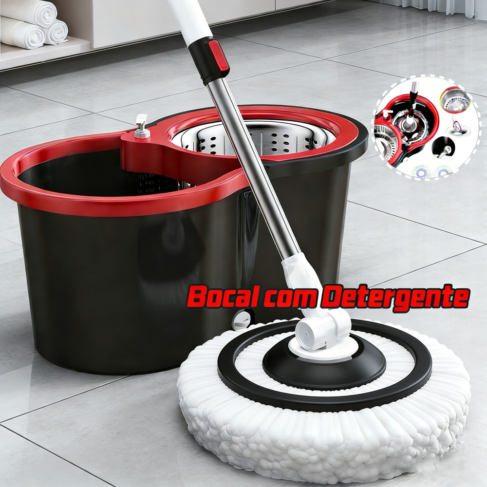 140cm Mop Inox Giratório : 2 Refils + 14 L Balde cesto Inox + bocal detergente| Esfregão Balde