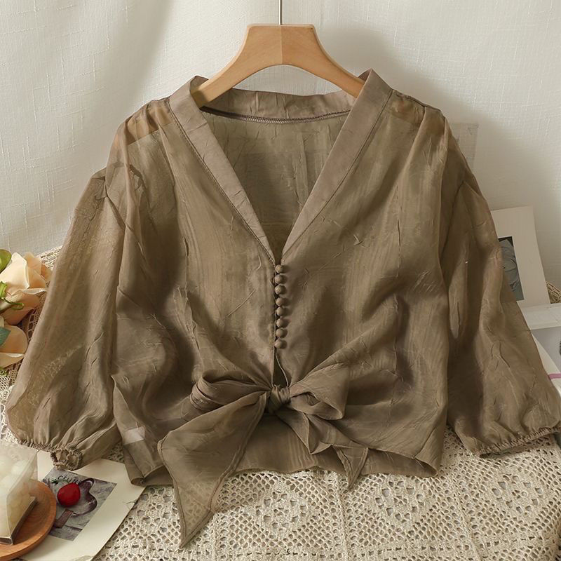 Manga Puff protetor solar roupas Cardigan fino feminino estilingue saia exterior blusa verão xale francês pequeno colete