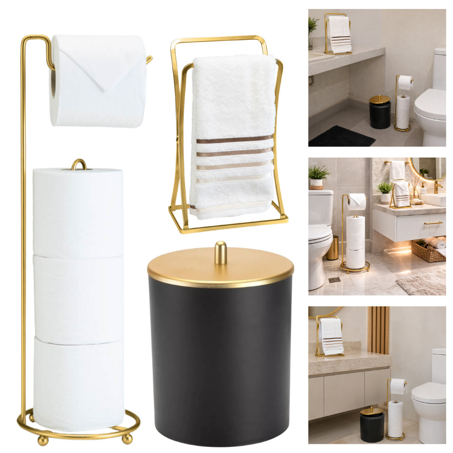 Kit Acessórios Banheiro Lavabo Elegante Moderno Dourado Preto Fosco Lixeira Toalheiro Papeleira