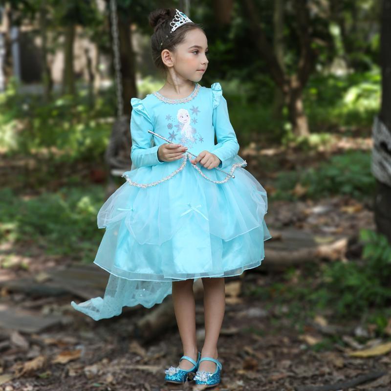 Meninas elsa vestido de princesa de manga comprida vestido inchado outono inverno elsa impresso saia curta vestido de an
