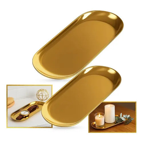 Kit Bandeja Dourada Espelhada Aço Inox  Luxo Decoração
