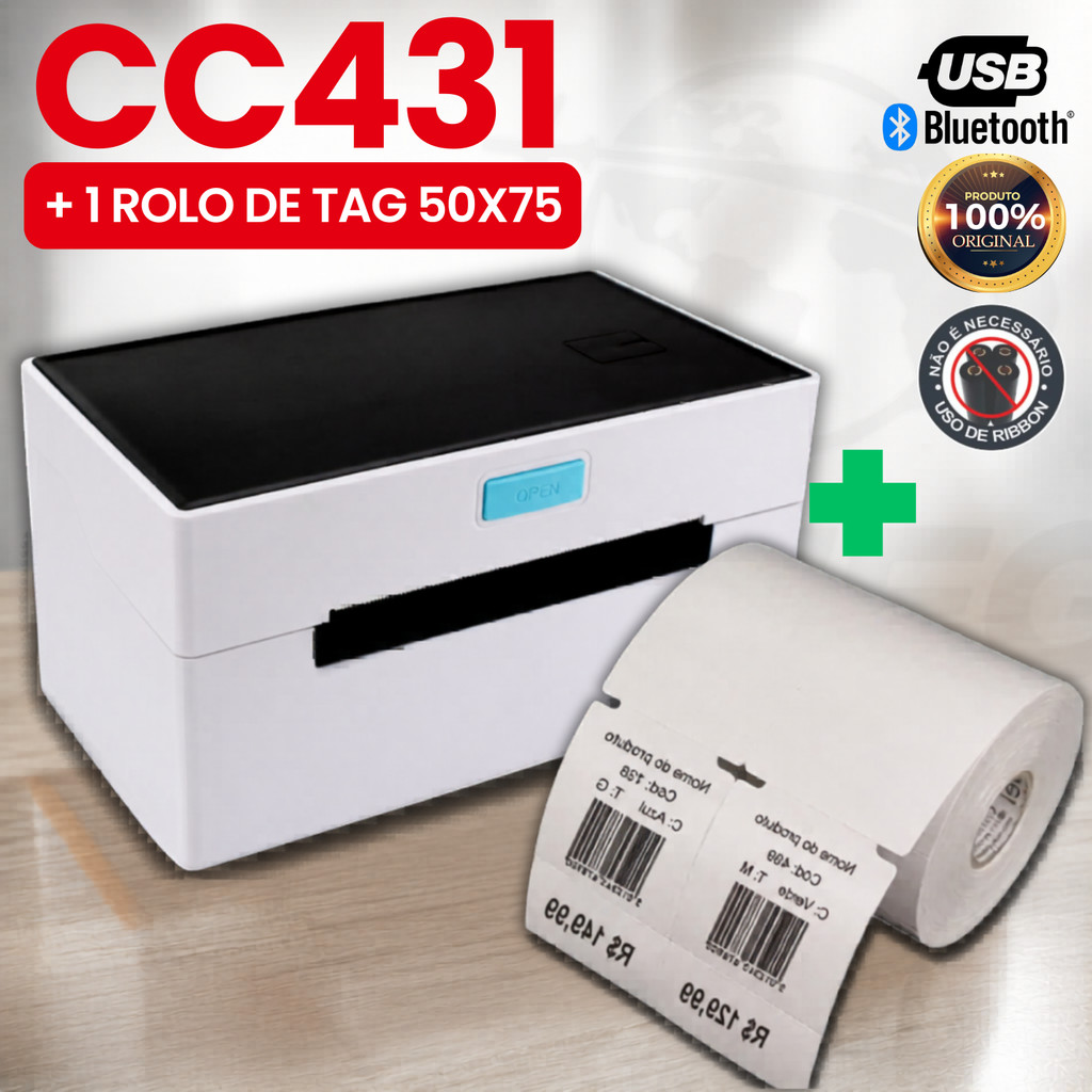 Impressora Térmica USB e Bluetooth  cc431+ 1 Rolo etiqueta Tag 75x50 DUPLA