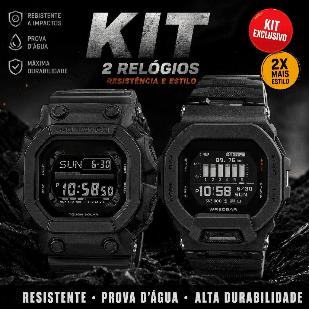 Kit 2 Relógios Masculino Digital Prova Dágua Esportivo Resistente Impacto Preto Cronômetro Alarme Led