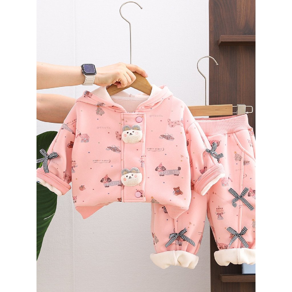 Meninas outono inverno roupas forro engrossado estilo ocidental moletom com capuz terno bebê inverno moda bebê crianças