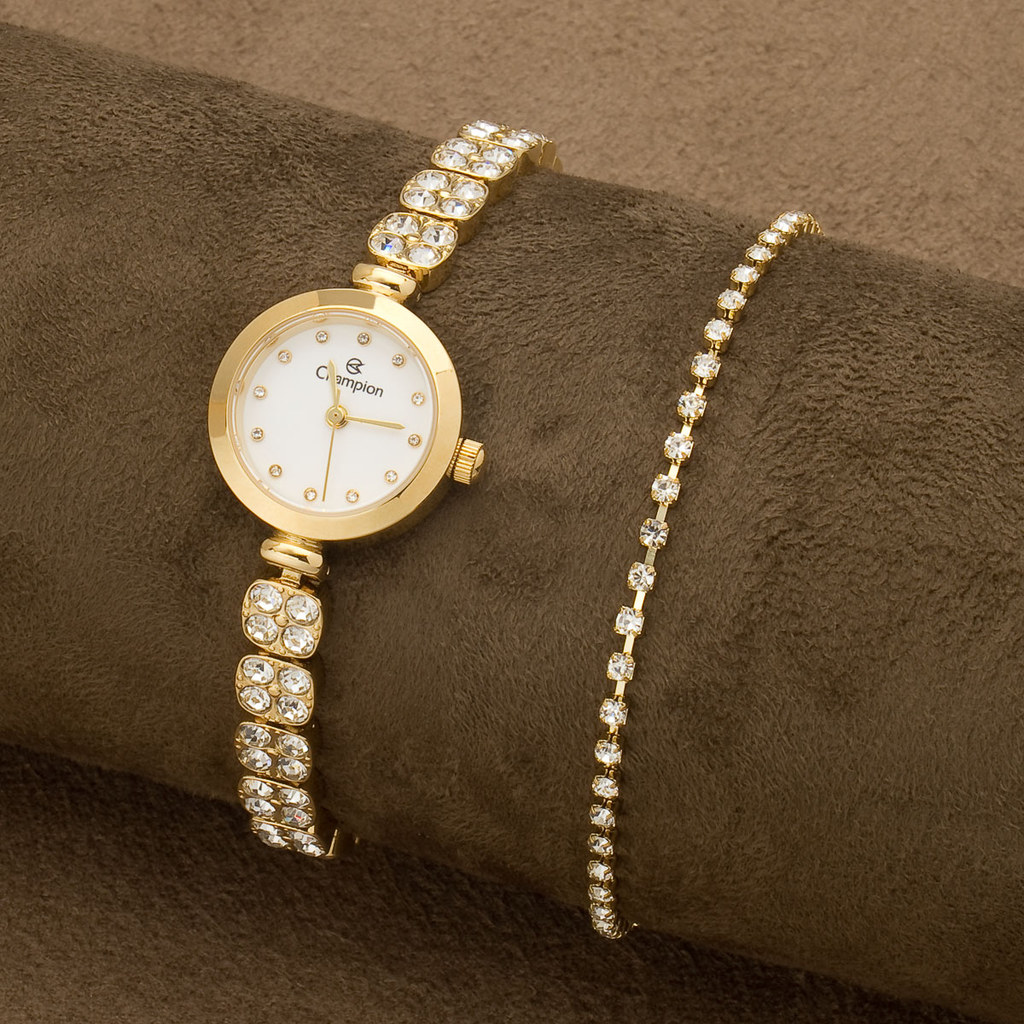 Relógio Feminino Champion Dourado Kit Pulseira e Brincos Riviera Original CF25090D — imagem 2 de 2