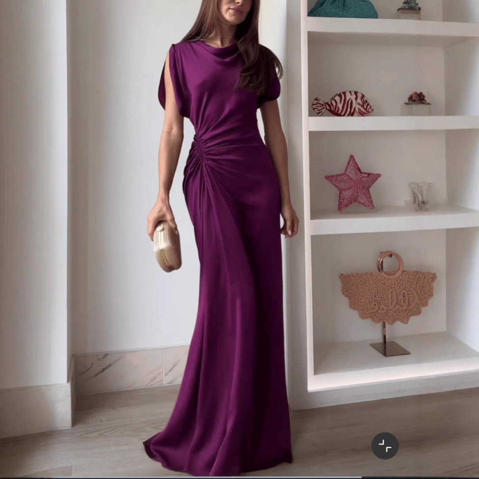 Vestido Feminino Plissado Emagrecedor Cintura Cor Sólida Saia Até O Chão Para Mulheres