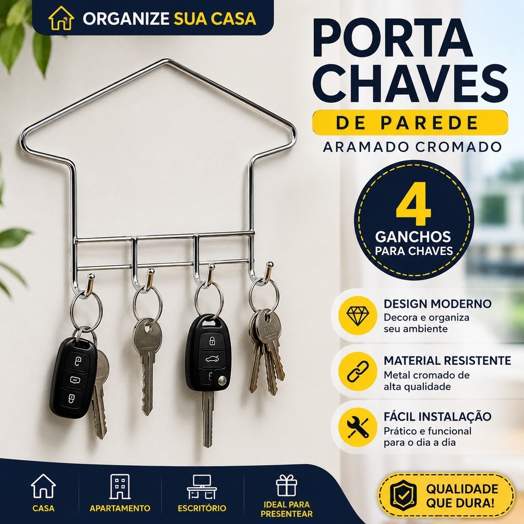 Porta Chaves Parede Aramado Cromado Suporte 4 Chaves Organizador Decorativo