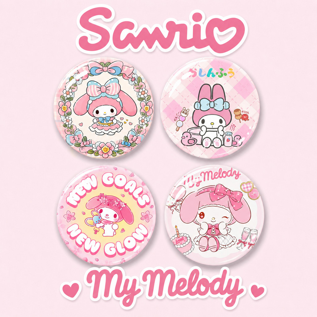 Kit Bottons My Melody 58mm Kawaii Rosa Anime Fofo Broche Decorativo para Mochila Bolsa Roupa Presente Estampa floral