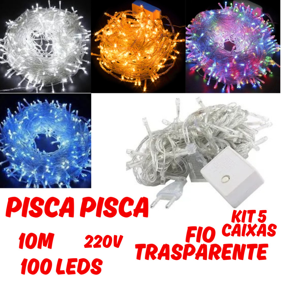 Kit 5 Caixas Pisca Pisca Natalino 100 Leds 10M 220V Transparente Interno Com 8 Funções