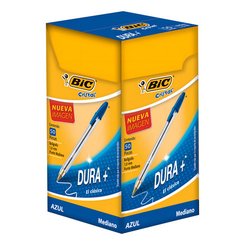 Caneta Bic Dura+ Medium Dot Pen, Caixa De 1 Mm, 50 Peças, Cor De Tinta Azul, Cor Exterior Transparente