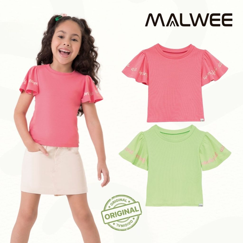 Camiseta Canelada Menina Infantil Blusinha Baby Look Manga Curta Godê Estampada Algodão Malwee Kids