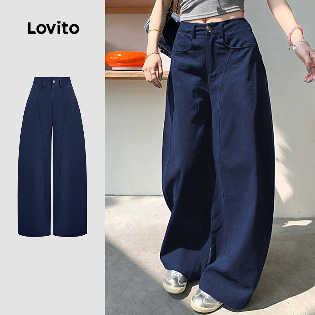 Lovito Calça Casual Estrutura Linha Bolso Todas As Estações Calça Azul Marinho L166AD330 em Oferta na Shopee