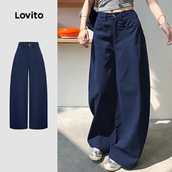 Lovito Calça Casual Estruturada Com Bolsos Azul Marinho Para Mulheres Primavera/verão L166AD330