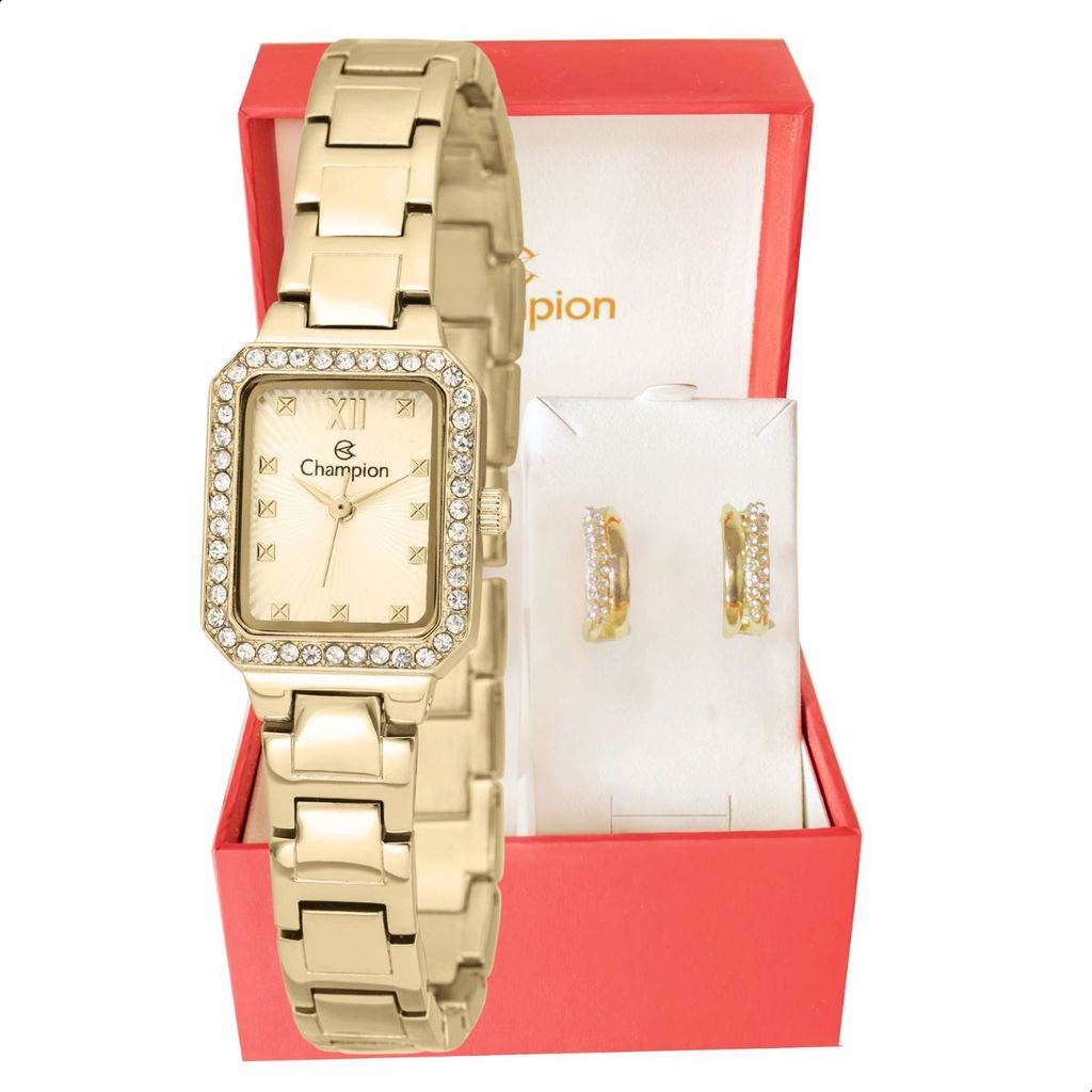 Relógio Analógico Feminino Champion Dourado Pequeno Luxo CF25465G Original Conjunto de Brincos