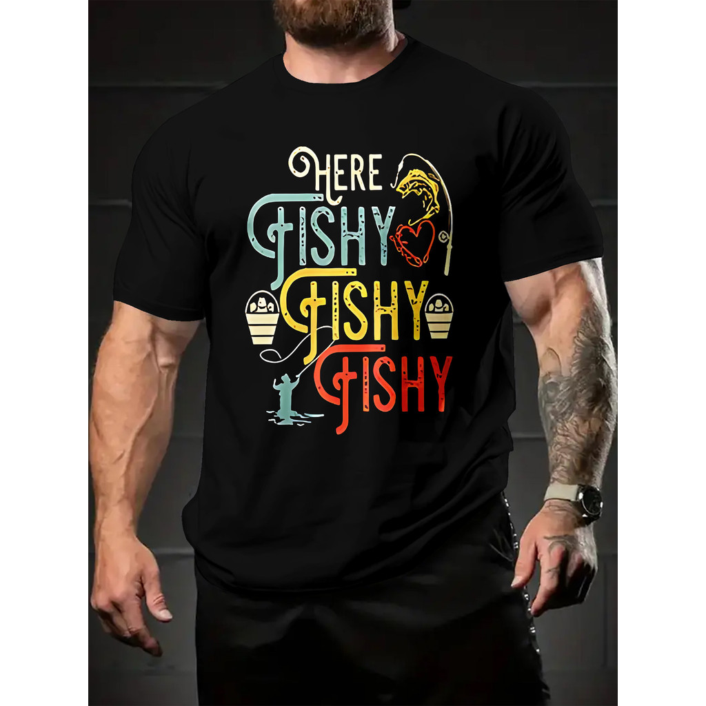 Camiseta Unissex Masculina e Feminina Here Fishy Fishy Fishy Fishing Print Colorido Divertida Confortável Estilosa Verão