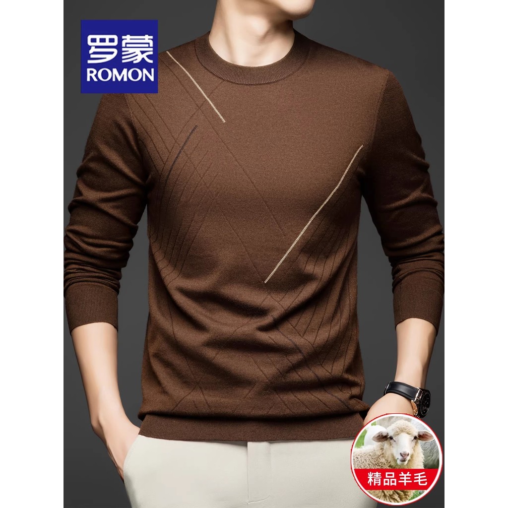 Lomon Camiseta masculina de lã de manga comprida, gola redonda, primavera outono, fina, confortável, malha de fundo