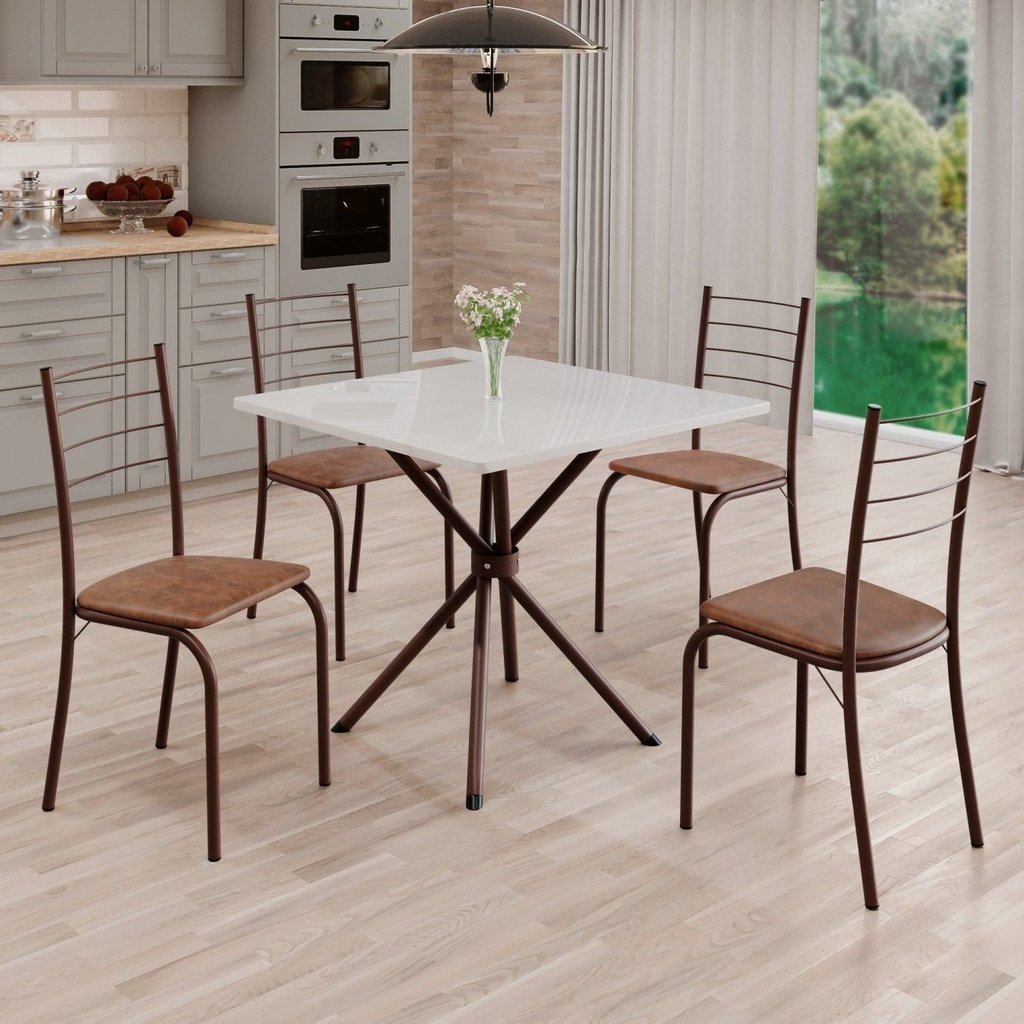 Conjunto Sala de Jantar Mesa Quadrada 70x70cm Tampo Madeira MDP 4 Cadeiras Rio Marrom/C. Marrom/Marrom