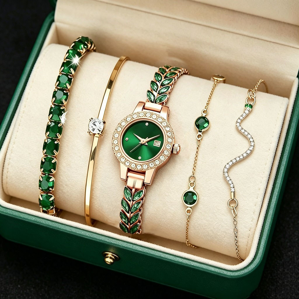 Conjunto Relógio Feminino de Quartzo Verde Dourado com Pulseiras Banhado a Ouro Estilo Elegante Moda