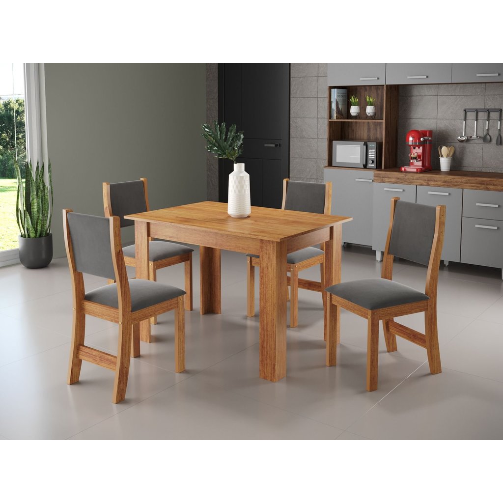 Conjunto Sala de Jantar 4 Lugares Mesa Jude e Cadeiras Sol Estofadas Mel e Cinza Marrom Mel/Cinza