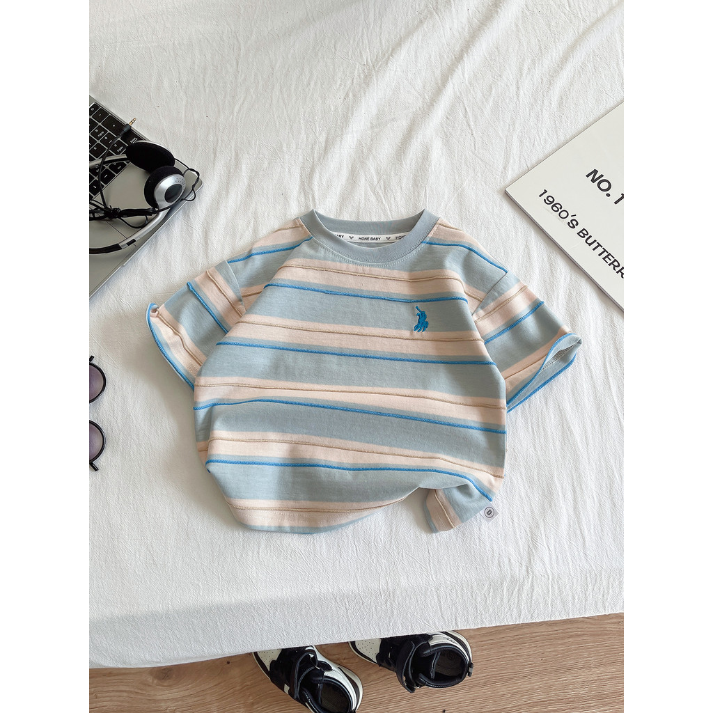 Meninos camiseta de manga curta 2025 novo estilo infantil listrado camiseta bonito bebê puro algodão topo verão meninos 