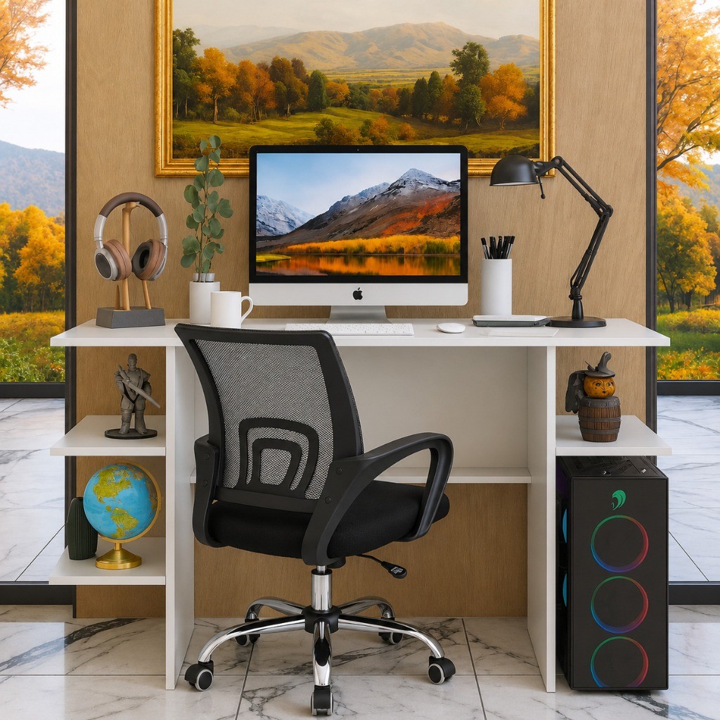 Mesa Escrivaninha Gamer Para Computador + Cadeira De Escritório Giratória Mesh