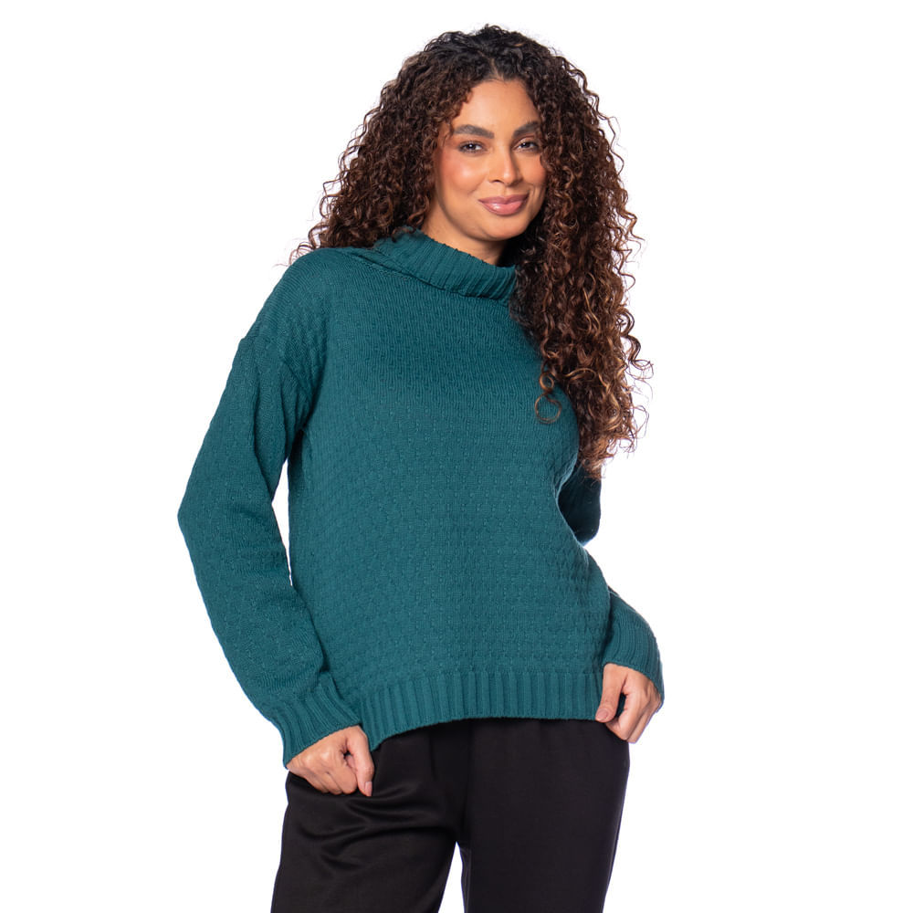 Blusa Feminina Oliveira Malhas Tricot Gola Alta Petróleo