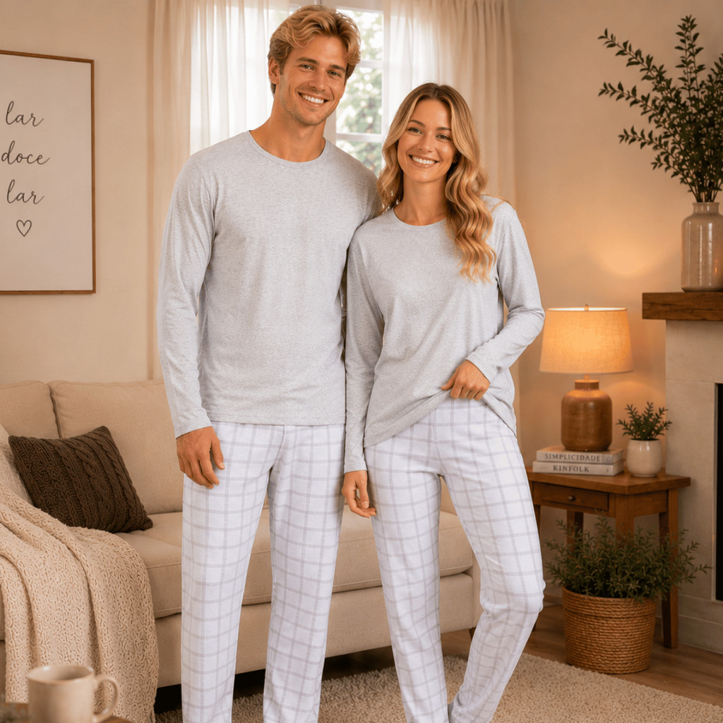 Pijama Casal Longo Xadrez Inverno Kit Manga Longa Conjunto Cinza Confortável