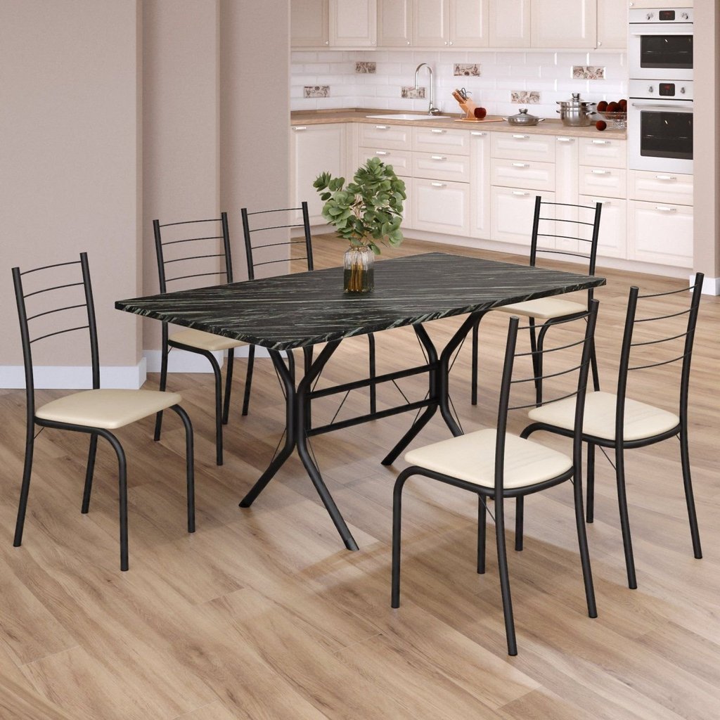 Conjunto Sala de Jantar Mesa Retangular 140x75cm Tampo Madeira MDP Indiana 6 Cadeiras Rio Preto/Creme/Fosco Creme/Preto
