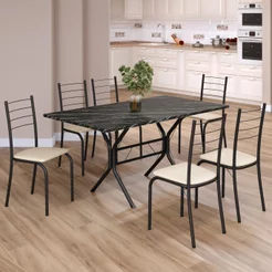 Conjunto Sala de Jantar Mesa Retangular 140x75cm Tampo Madeira MDP Indiana 6 Cadeiras Rio Preto/Creme/Fosco Creme/Preto