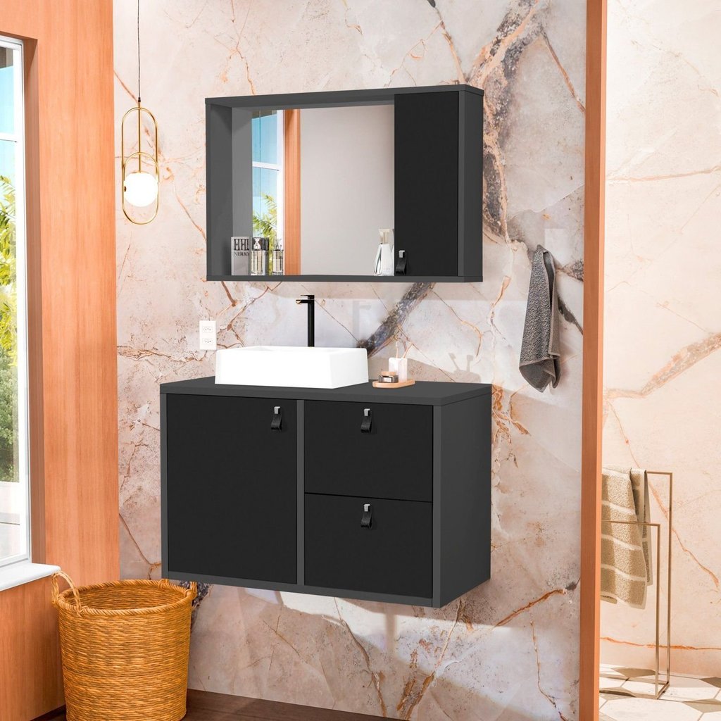 Conjunto Gabinete para Banheiro com Cuba Sobrepor e Espelheira Toro 80 Cm Grafite/Preto