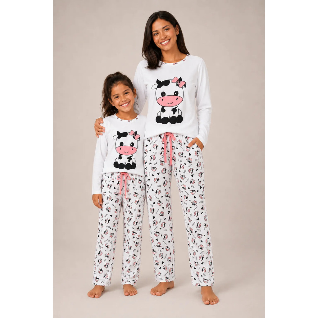 Kit Mãe E Filha Pijama Vaquinha Inverno Suede Manga Longa Feminina Roupa de Dormir Frio